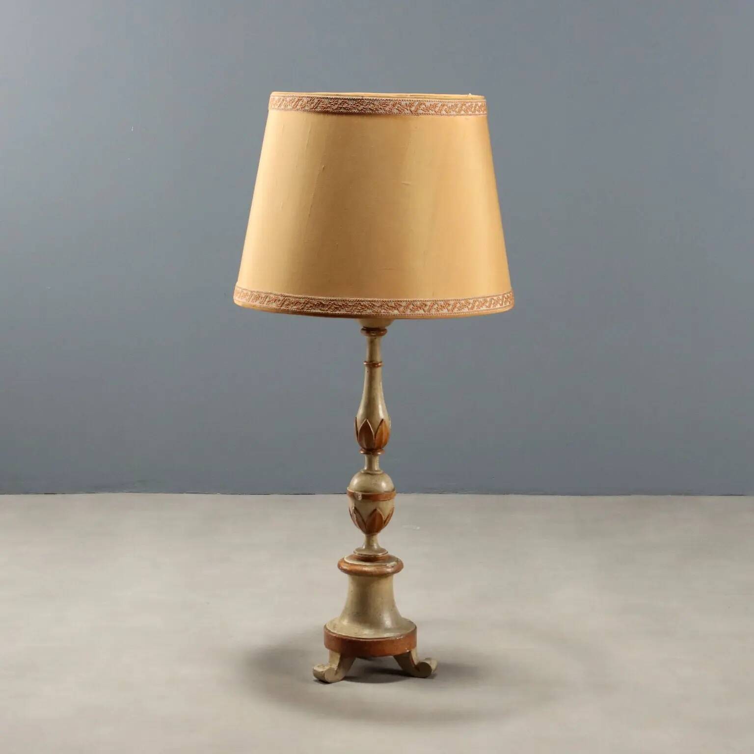 Antique carved lacquered wooden candelabrum with fabric, 19th century