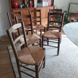 Set of 6 wooden chairs and 50s straw