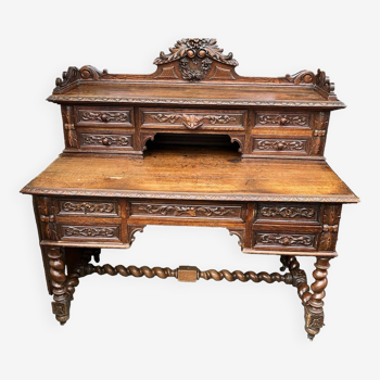 Desk with tiered secret drawer in solid oak Louis XIII