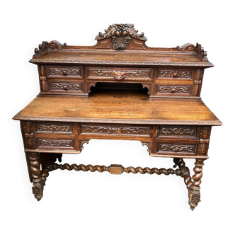 Desk with tiered secret drawer in solid oak Louis XIII