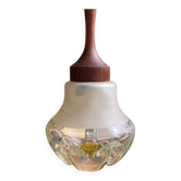 Teak wood and Mazzega style glass pendant lamp