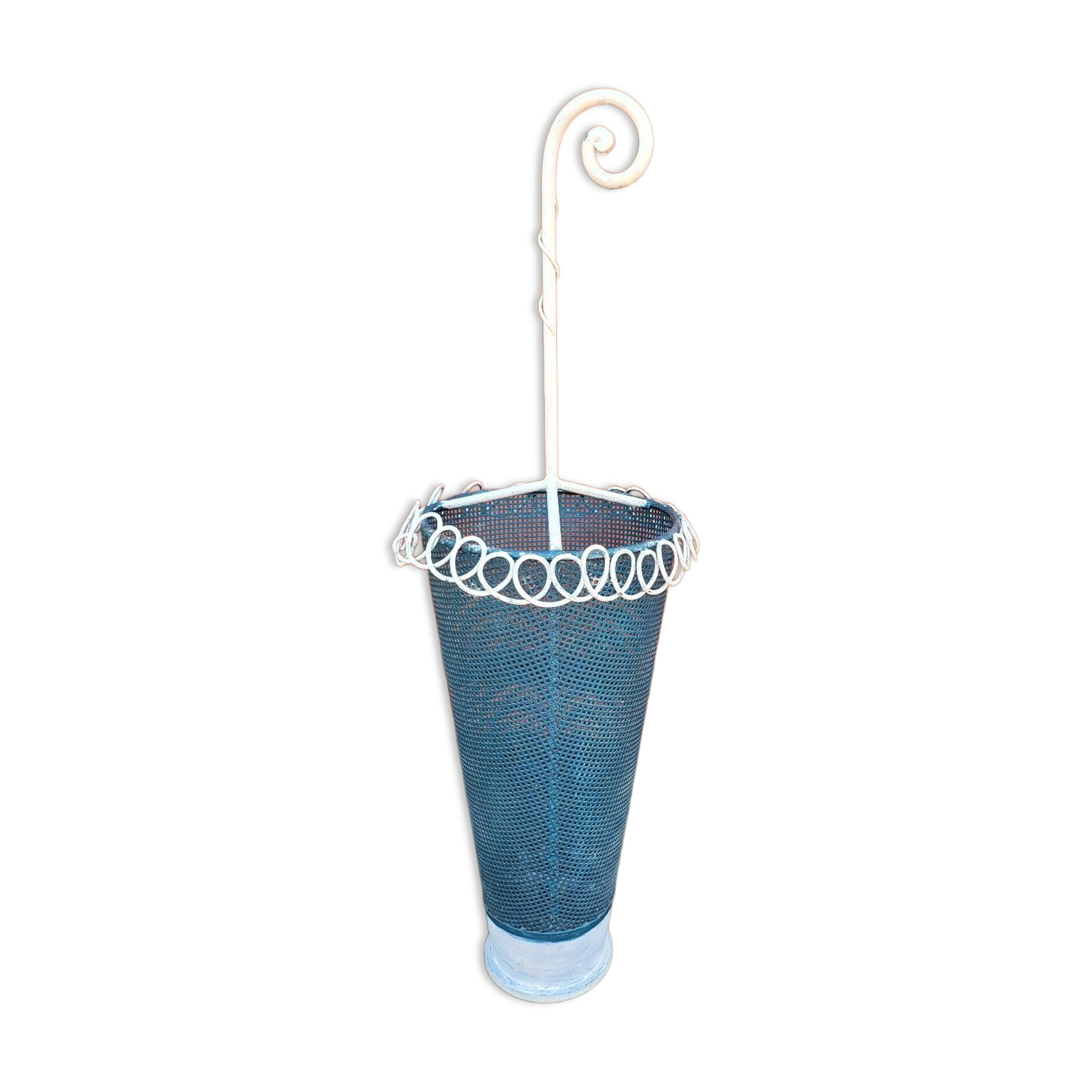 Vintage umbrella stand attributed to Matégot – blue and white openwork metal