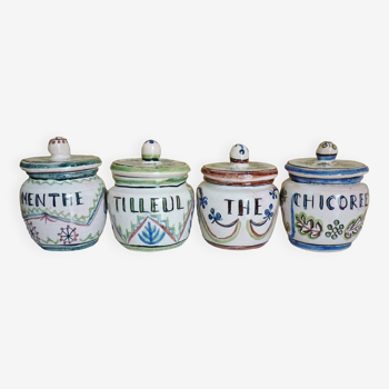4 covered pots, enameled ceramic signed J.Azambourg Le Clos De Joye, 1960s
