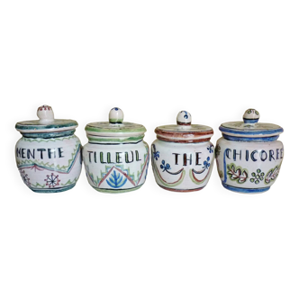 4 covered pots, enameled ceramic signed J.Azambourg Le Clos De Joye, 1960s