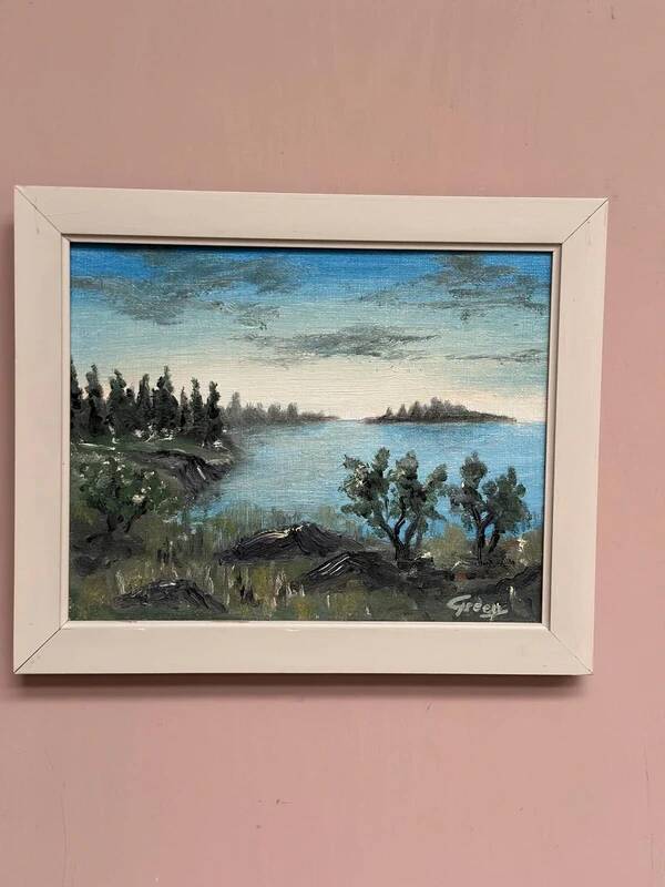 Swedish oil on canvas “Lakeside” attributed to Kulo Green, vintage & framed 29×24cm