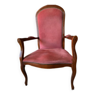 Fauteuil vintage Louis XV – velours rose & bois sculpté – style années 50/70