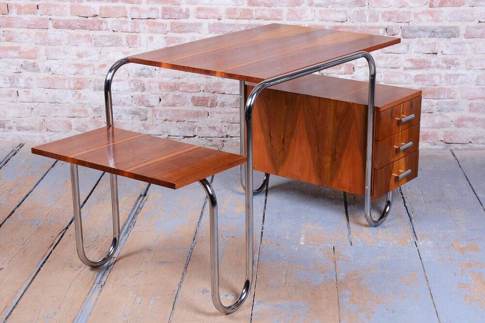Czech Bauhaus Writing Desk in Walnut and Chrome attributed to Robert Slezak for Slezak Factories, 1940s