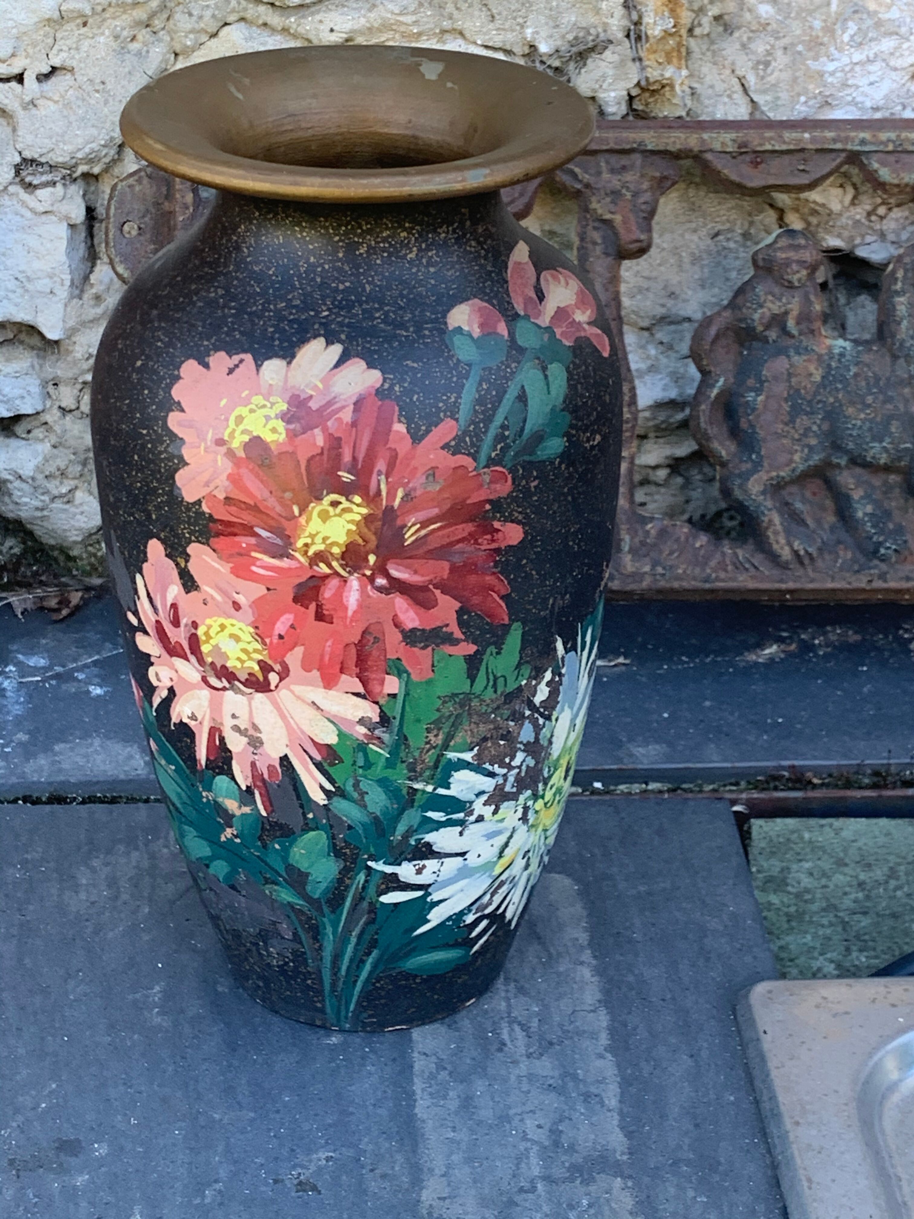 Ceramic vase bouquet of flowers painted and signed by Escoffier