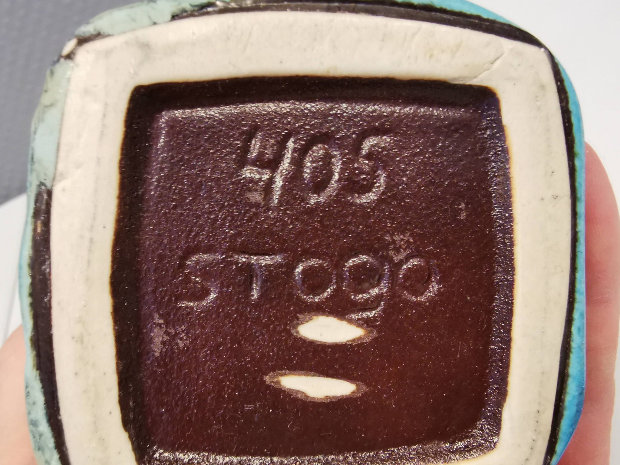 Vase in several shades of blue, from Danish Stogo art pottery. Estimated 1970-1980s