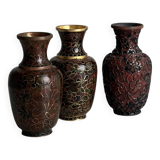 3 petits vases cloisonnés en métal ancien