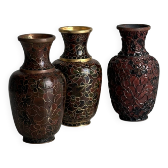 3 small cloisonné vases in old metal