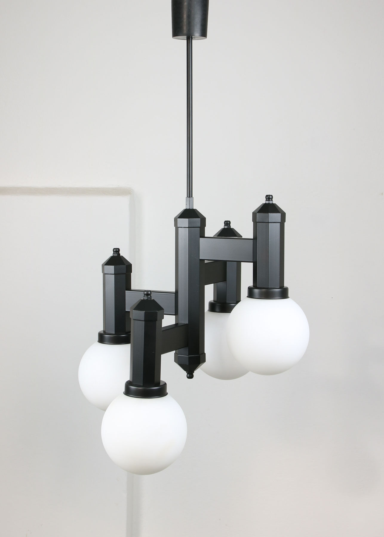 Vintage Geometric Black and Opaline Glass Ceiling Lamp