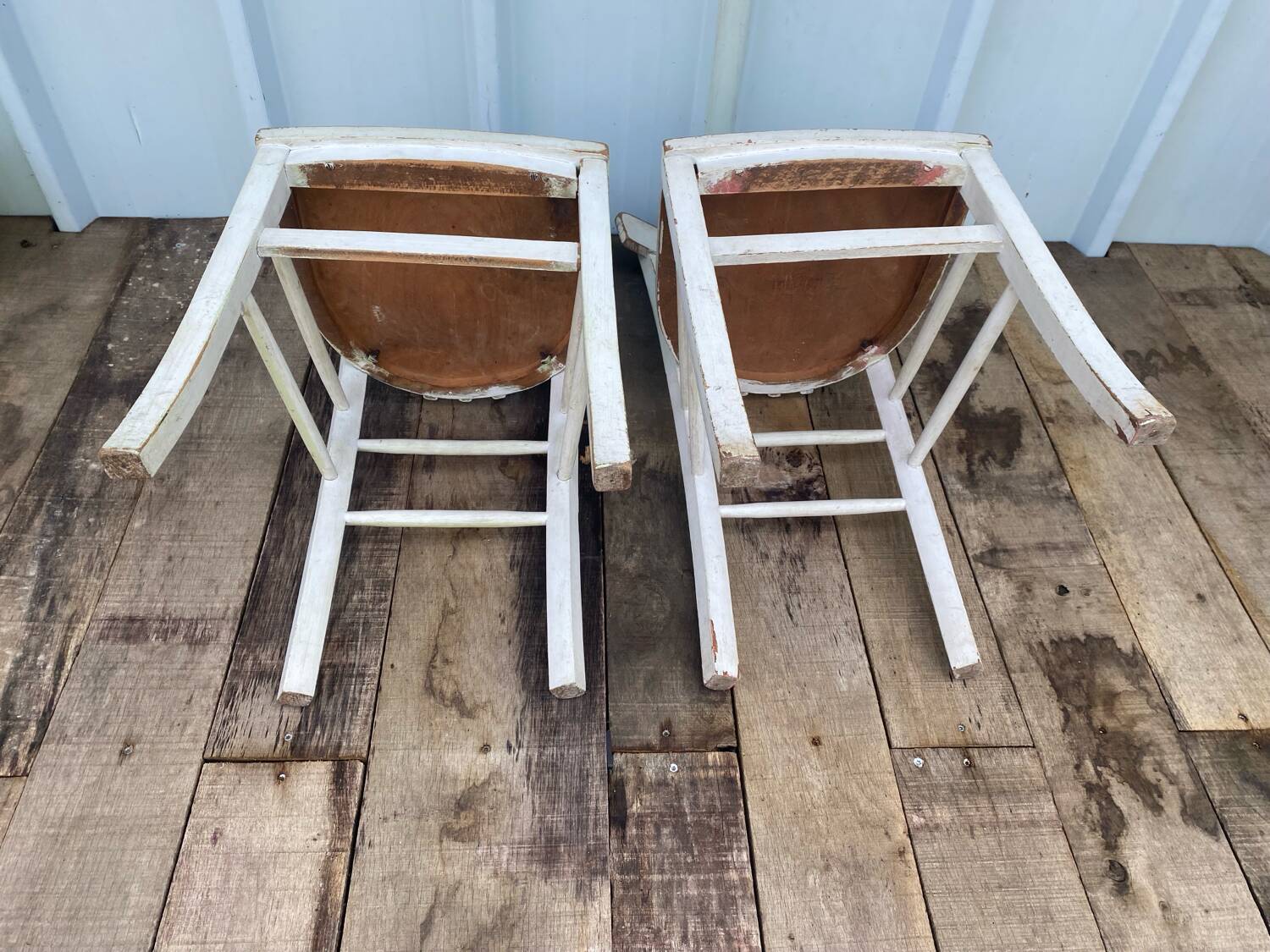 Pair of antique luterma bistro chairs in grey wood + green seat vintage