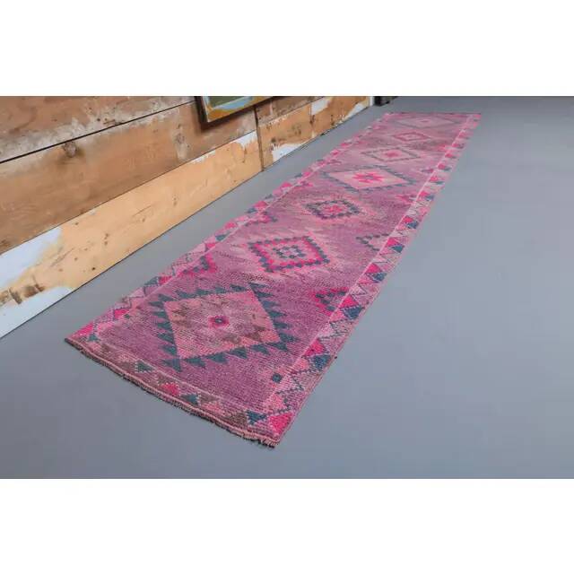 1970s Turkish handmade wool pink diamond runner 82x337