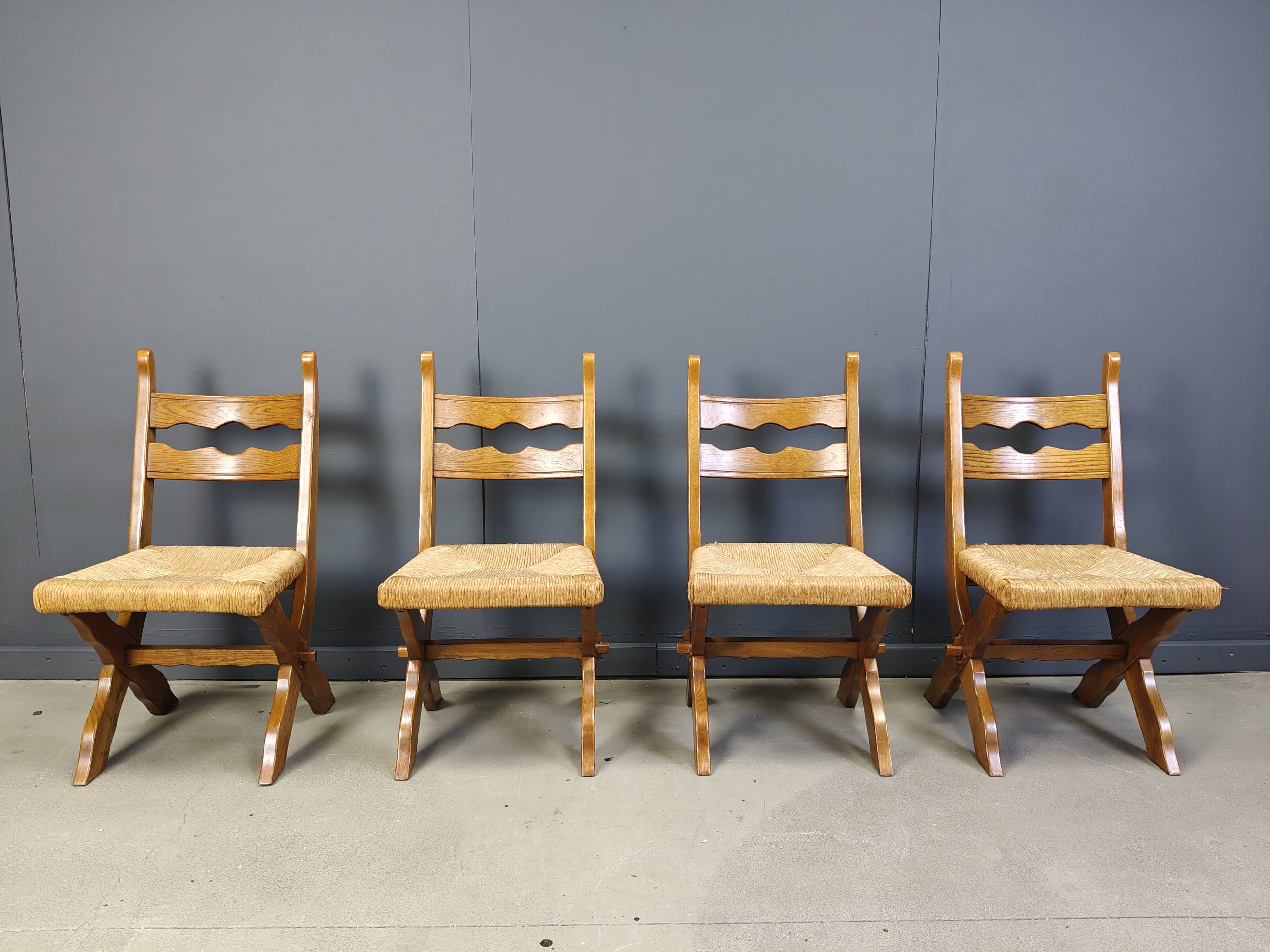 Vintage oak and wicker brutalist chairs, 1960s - set of 6