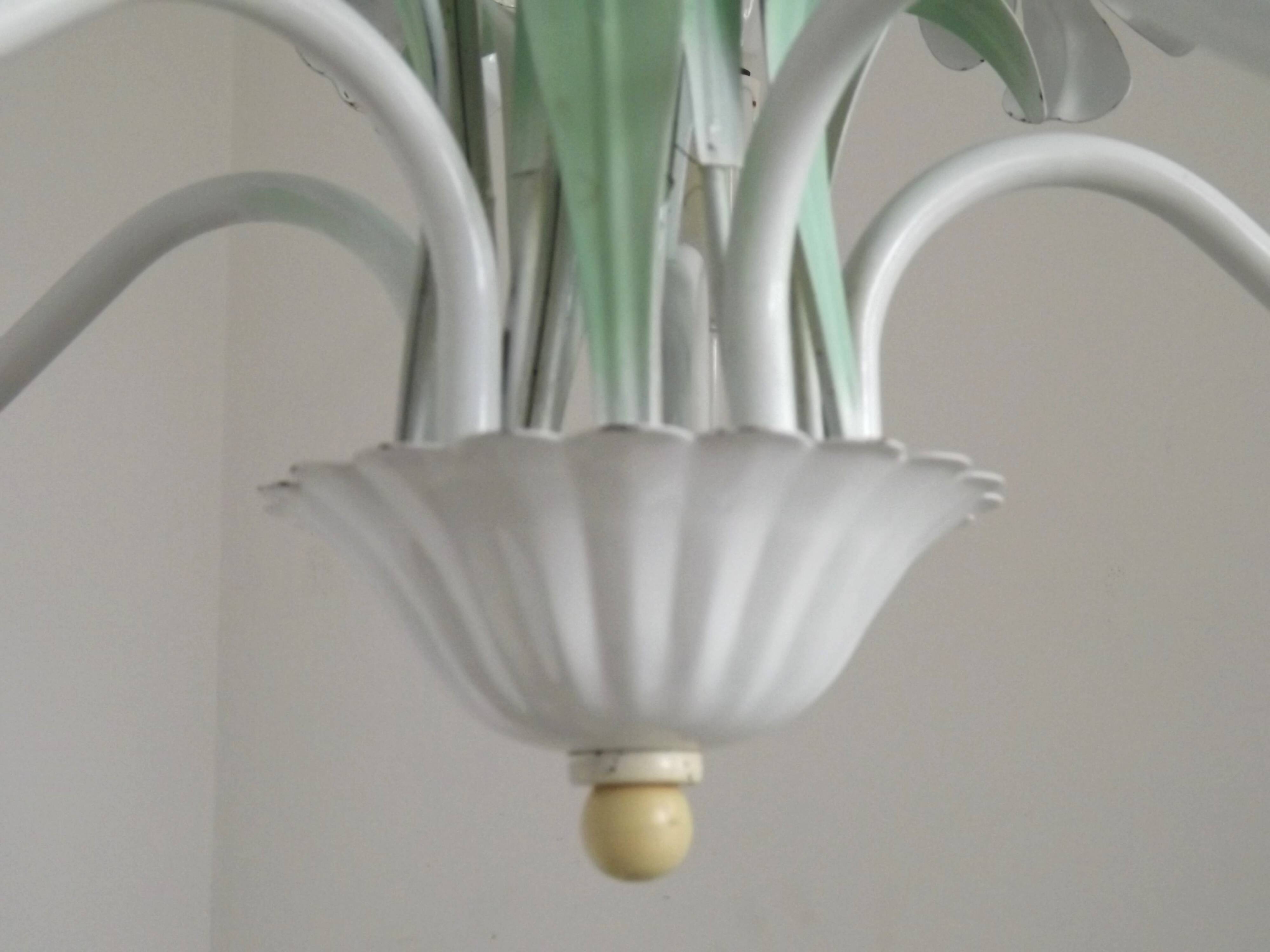 French Vintage 5 Light White Metal Chandelier With Pretty Pink Flowers