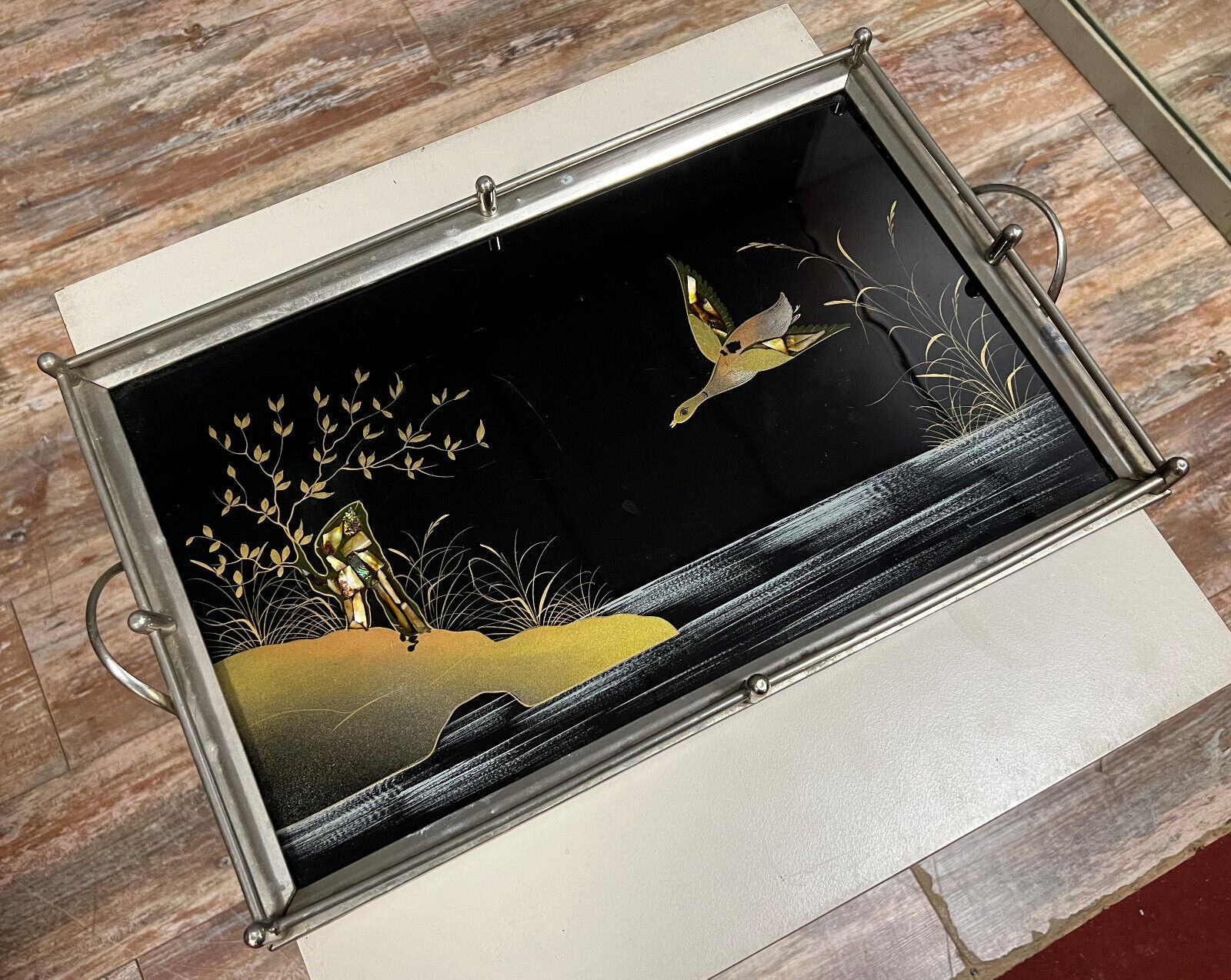 Art deco period serving tray with decoration fixed under glass
