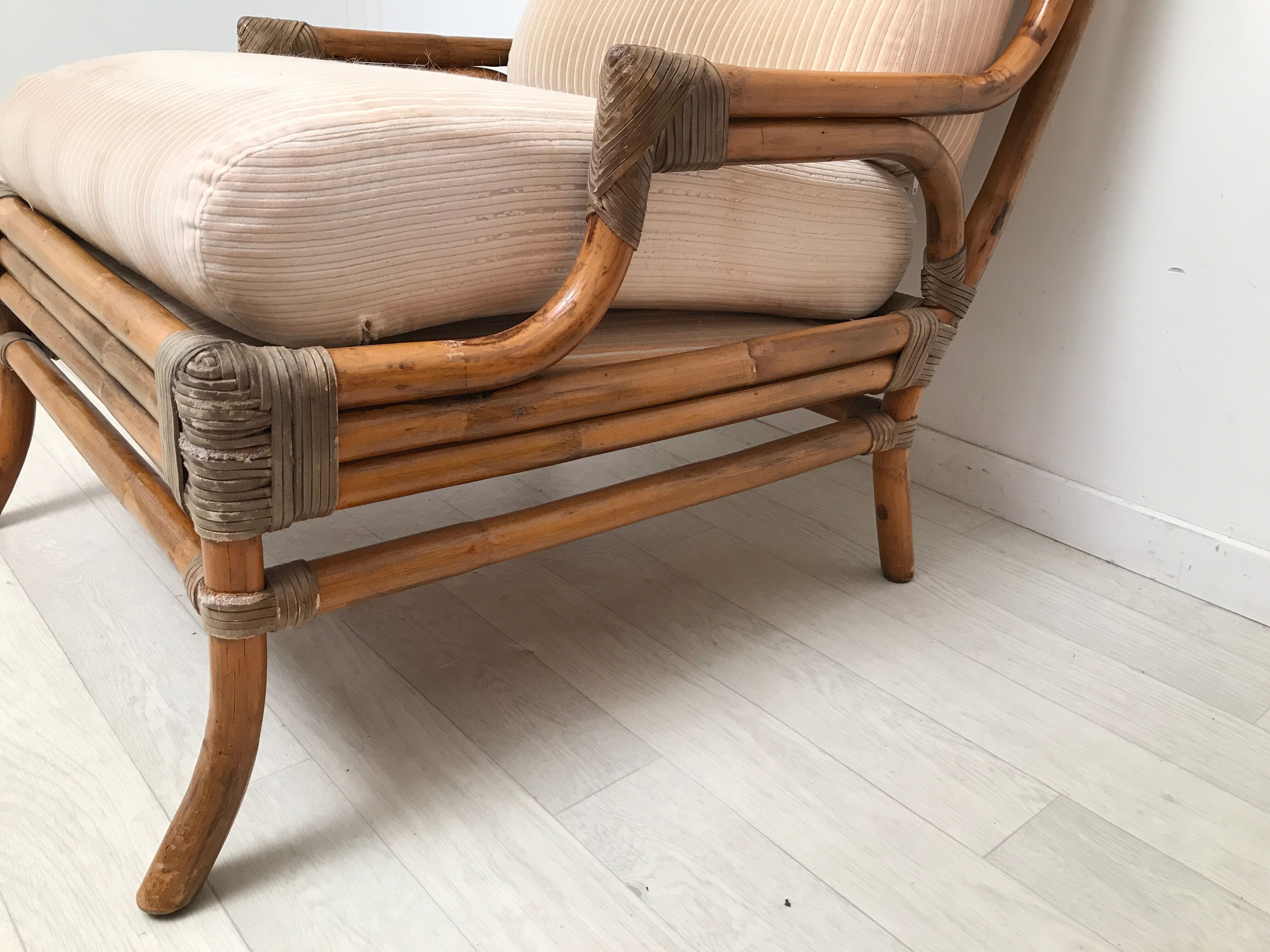 Pair of 70's rattan and leather armchairs