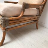 Pair of 70's rattan and leather armchairs