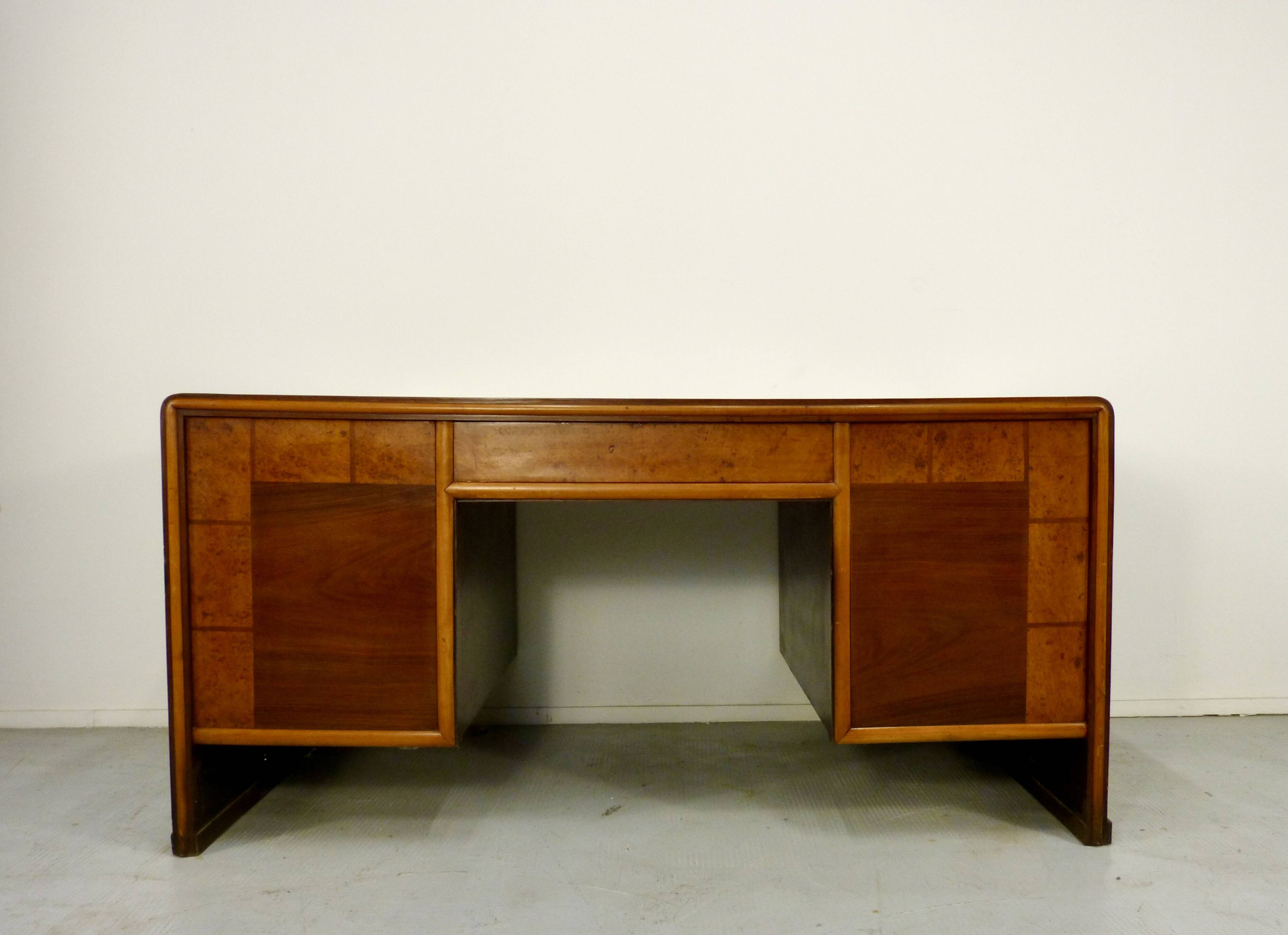 Italian Art Deco Desk In Dark Walnut And Brass.