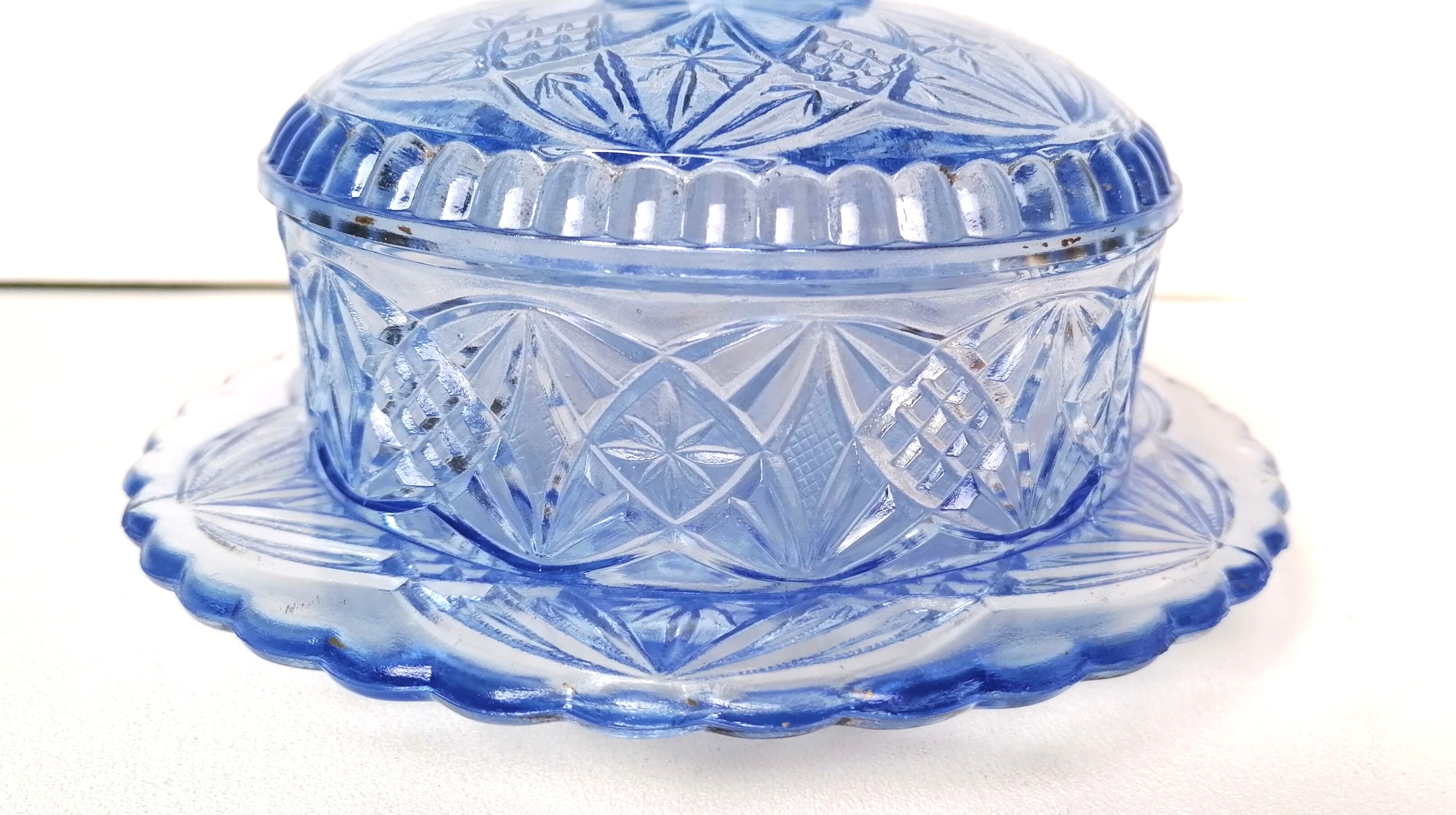 Sweeten candy box in blue pressed molded glass