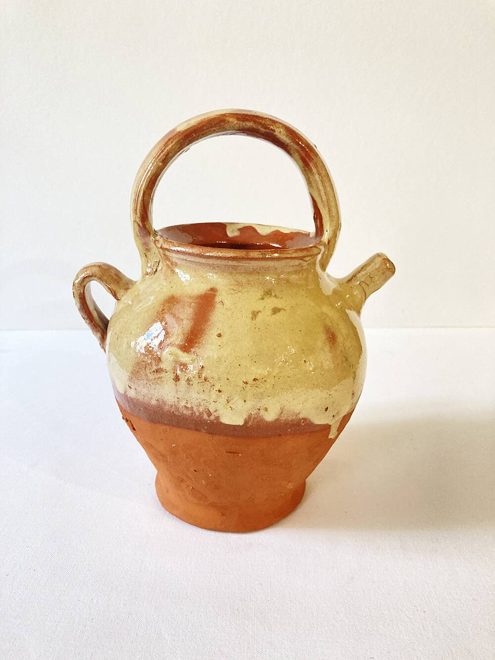 Antique Provençal jug / goat in red stoneware with yellow enamel