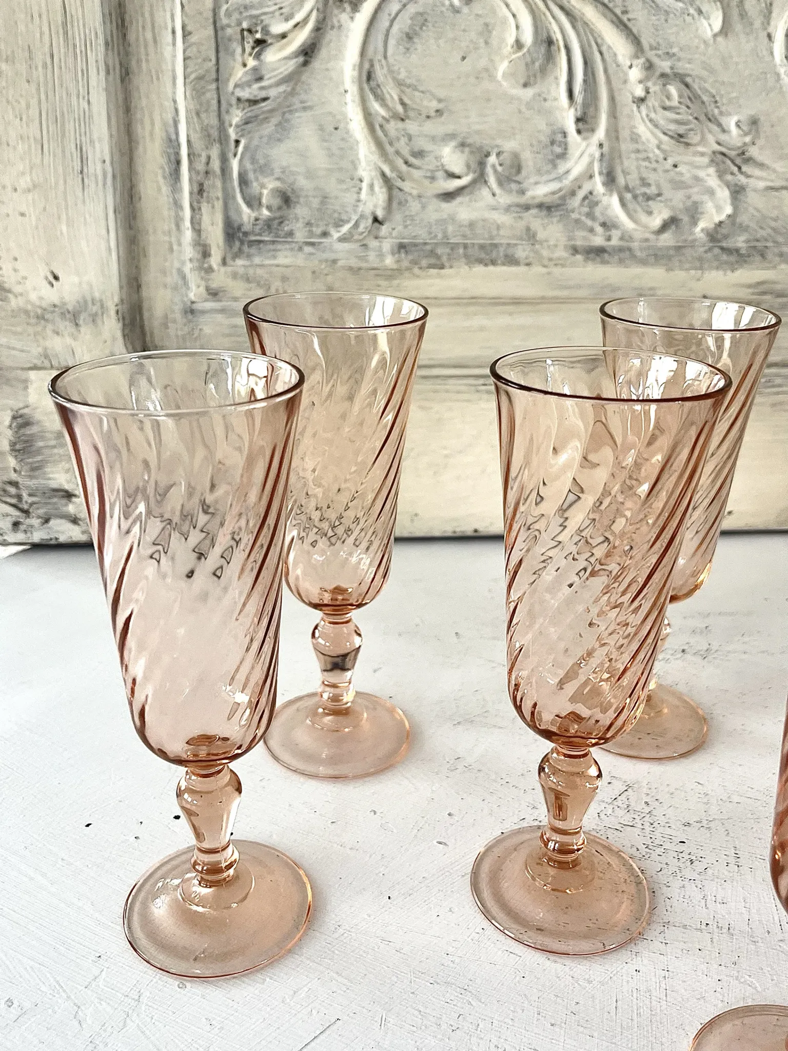 Champagne flutes pink set of 8, French swirl glass stemware rosaline