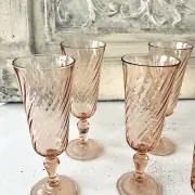 Champagne flutes pink set of 8, French swirl glass stemware rosaline