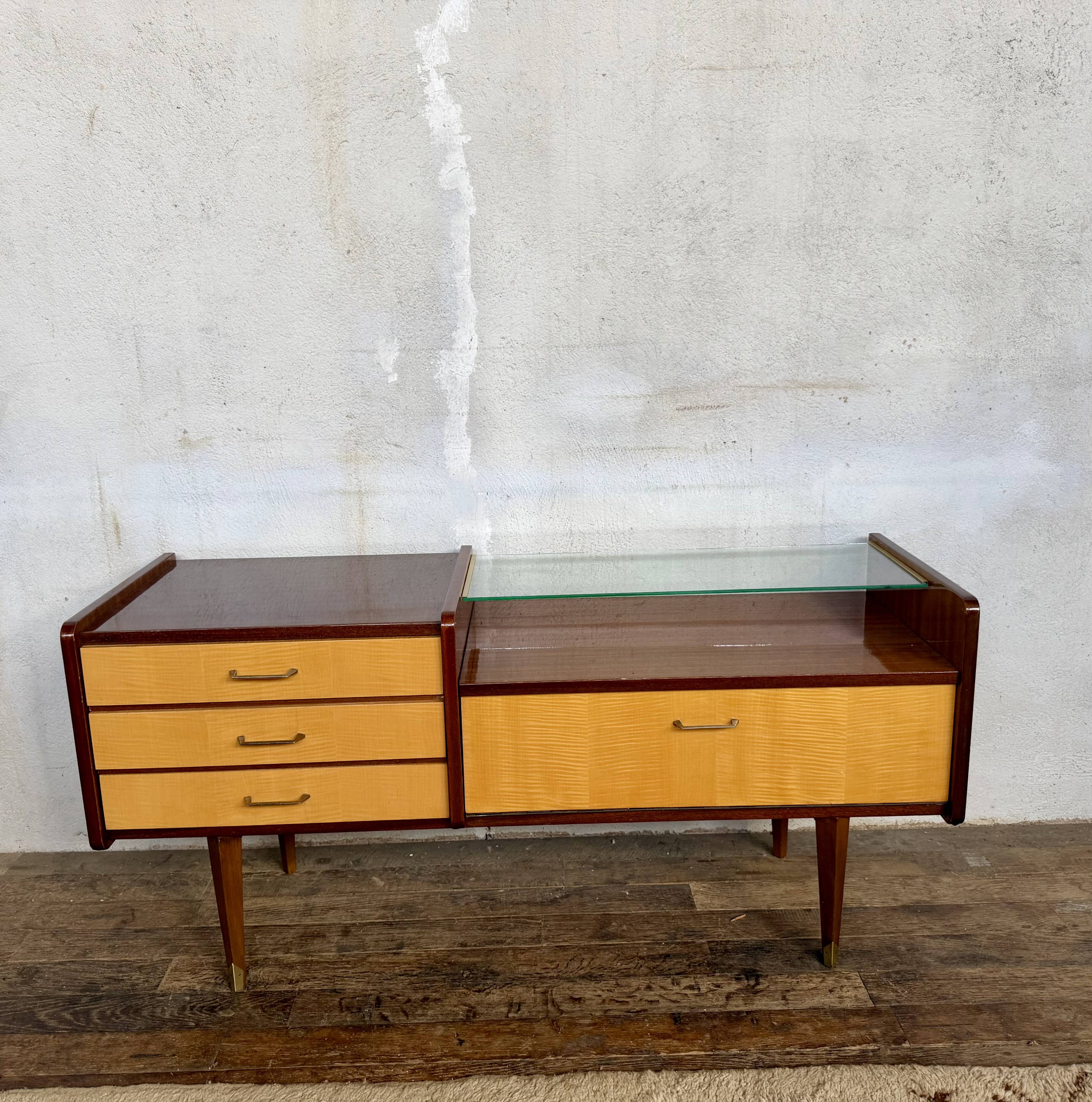 Enfilade vintage bicolore – Plateau en verre – Design rétro chic