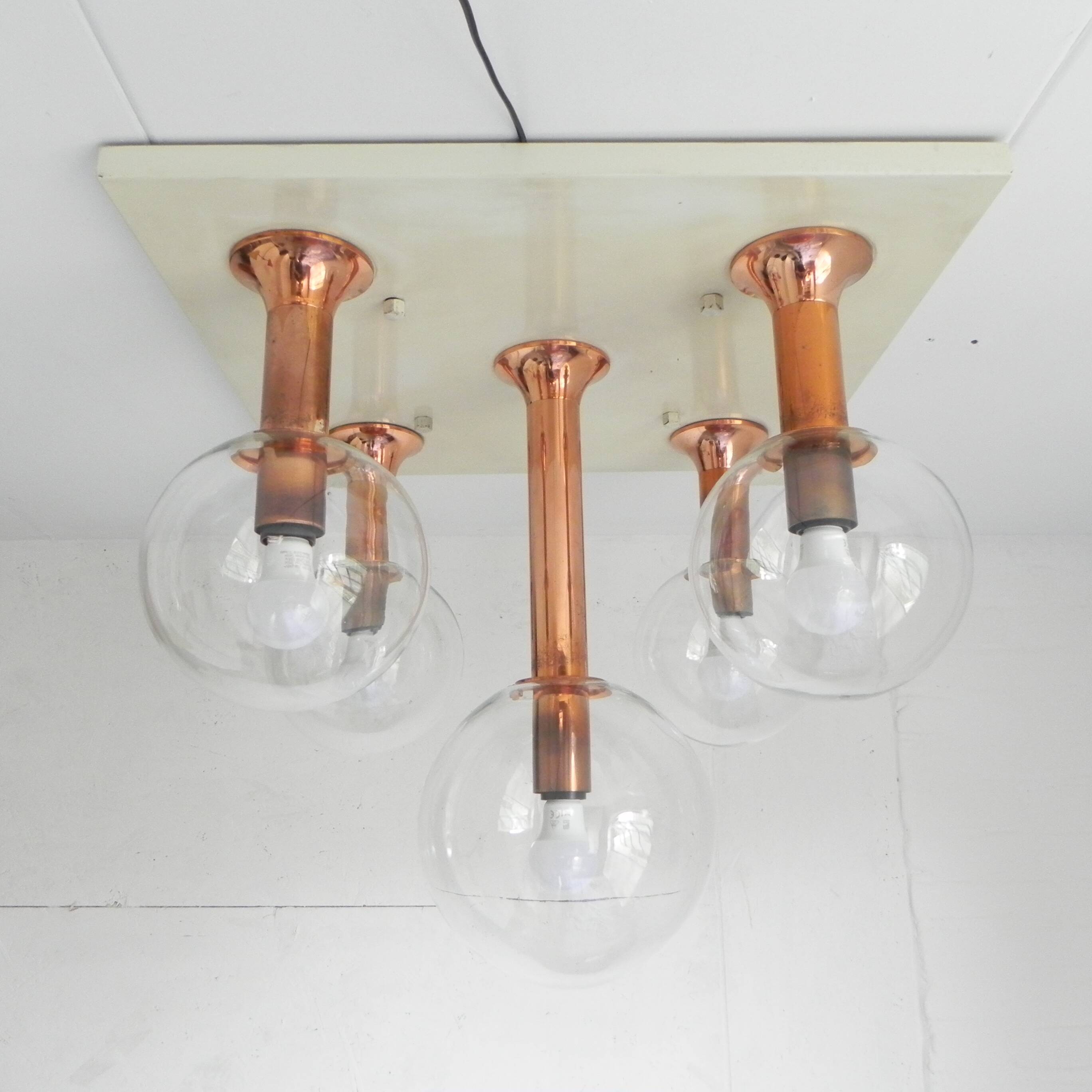 Rare ceiling lamp with 5 glass balls, Ott international, 1970s