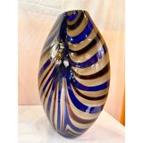 Artistic Italian vase in beige hand-made Murano glass with blue and brown R.