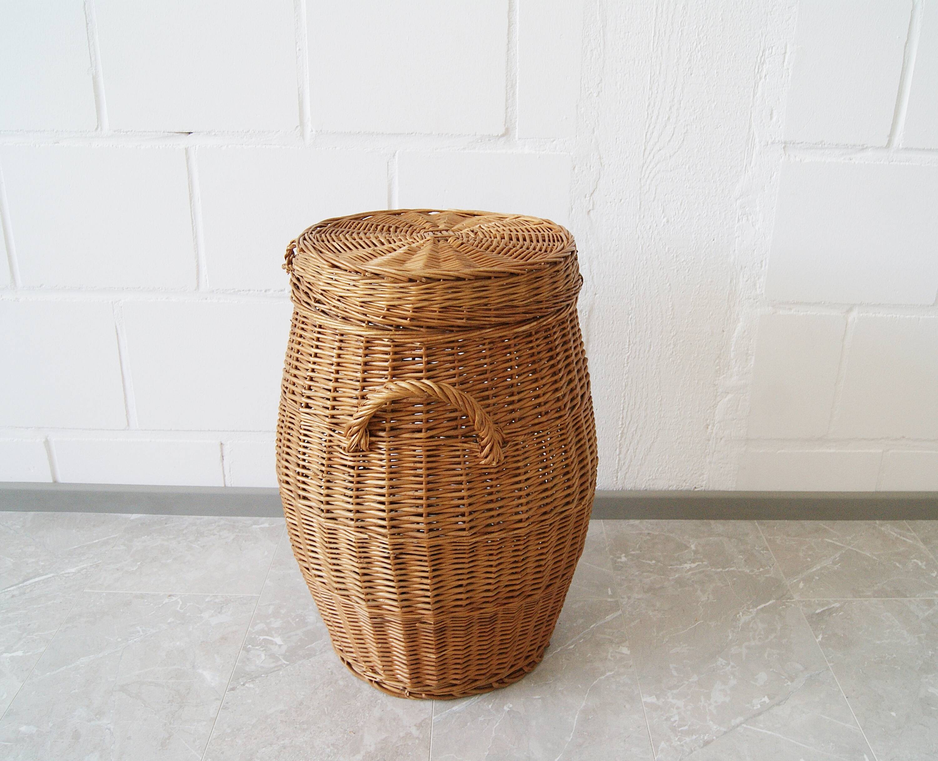 large round basket with lid, wicker basket, rattan basket, laundry container