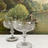 2 antique champagne glasses in engraved glass