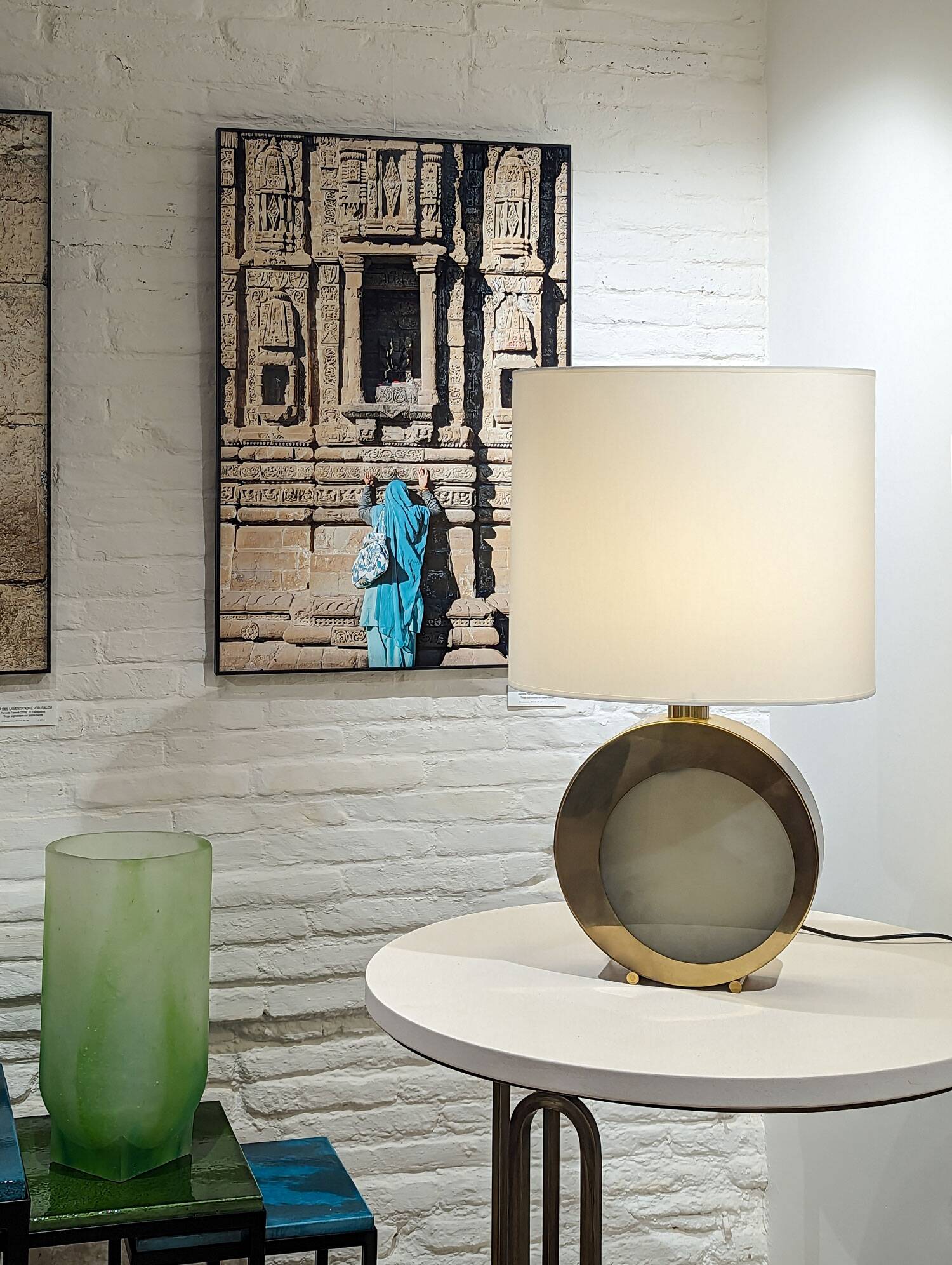 Large brass lamp with fabric shade, 1970