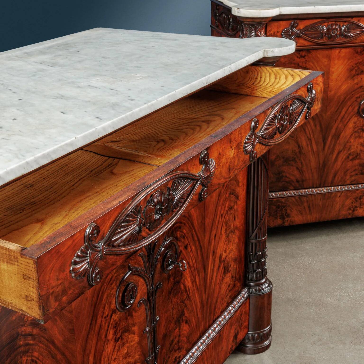 Restored antique buffets in chestnut, mahogany, and marble, 19th century.