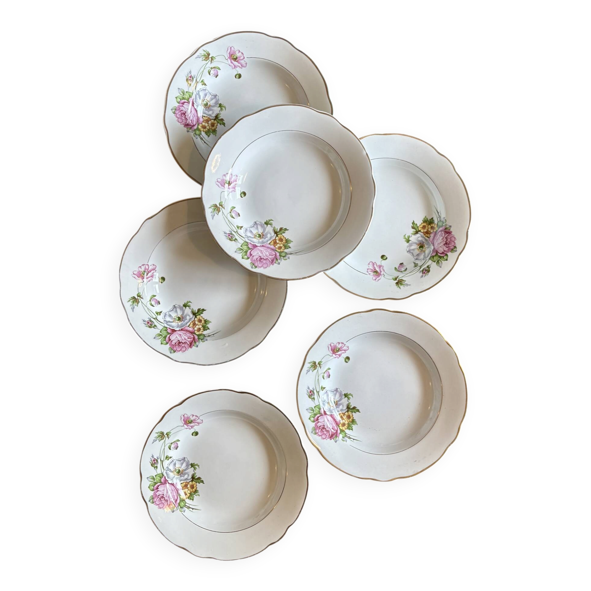 Set of 6 vintage deep plates, Anemone pattern from Digoin Sarreguem.