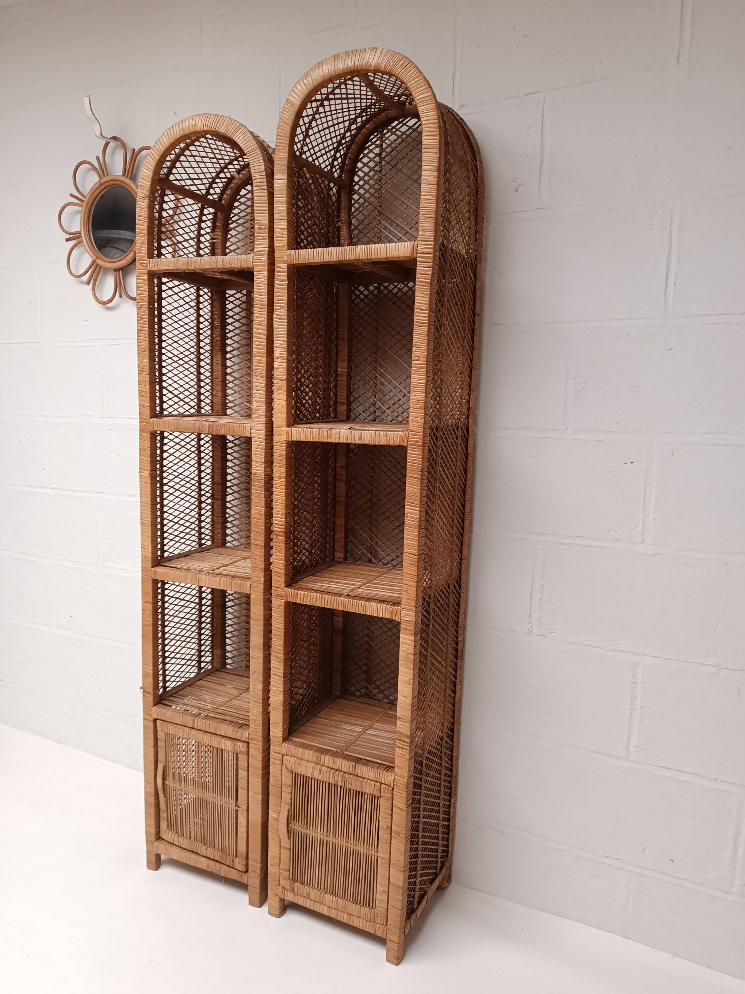 Pair of slim rattan shelves