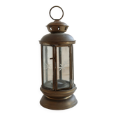 Lanterne ancienne en métal doré patiné et verre gravé – style bougeoir déco