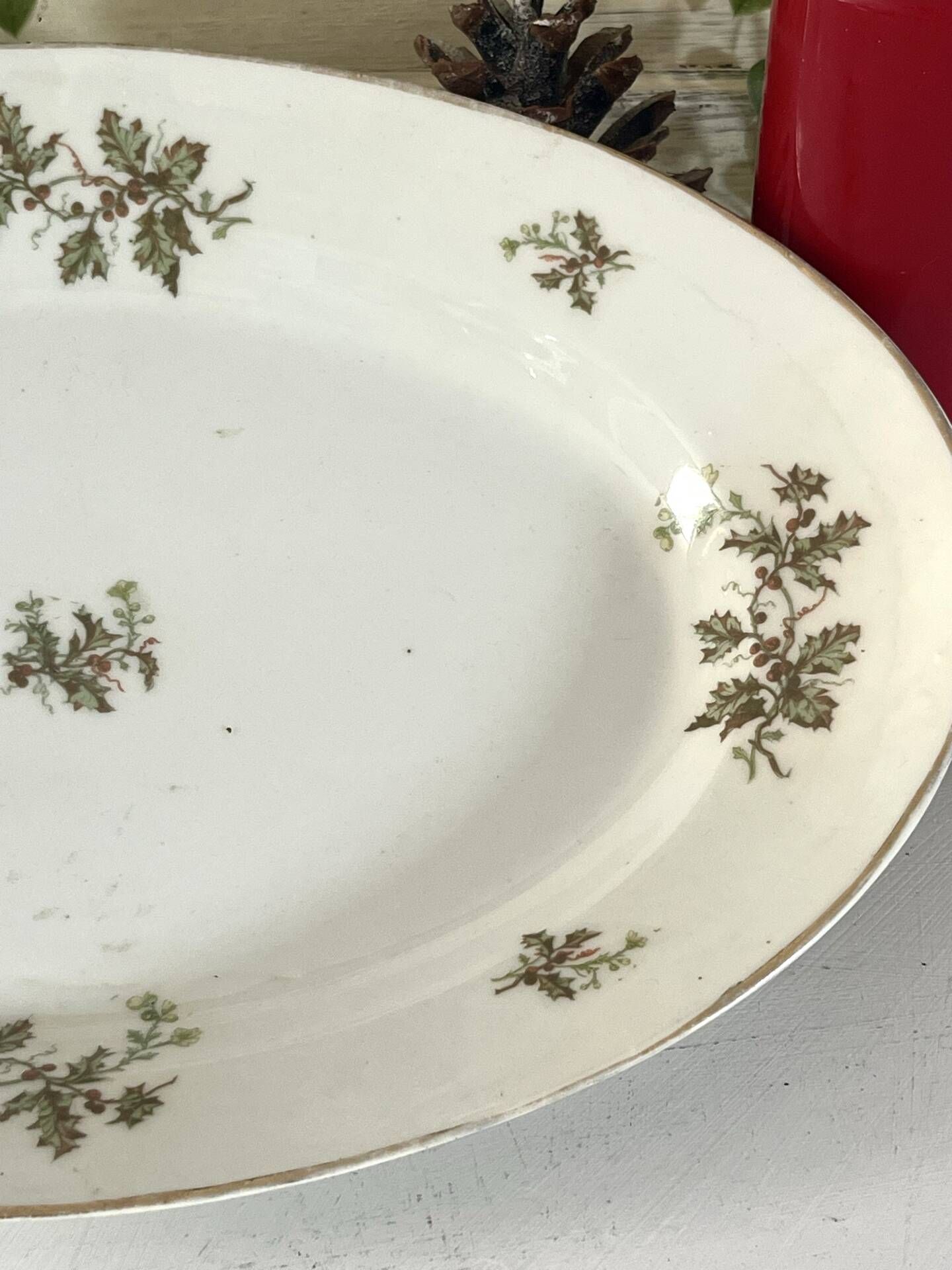 Vintage French Holly Deep Platter, Christmas Serving Dish, Large Oval