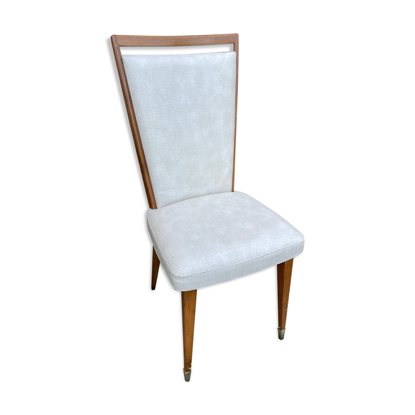 Chaise vintage Baumann cuir moucheté blanc gris