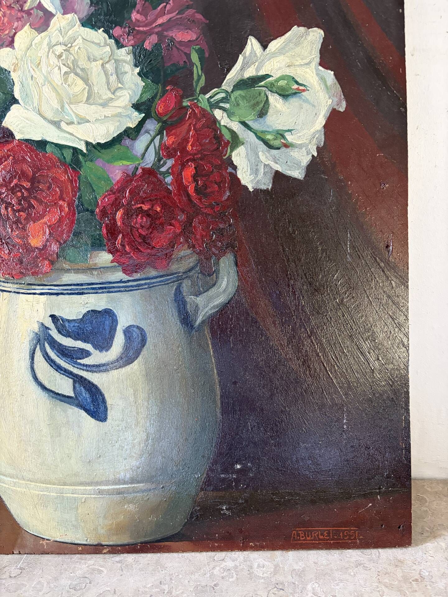 Bouquet of roses, burgundy background, oil on panel 1951