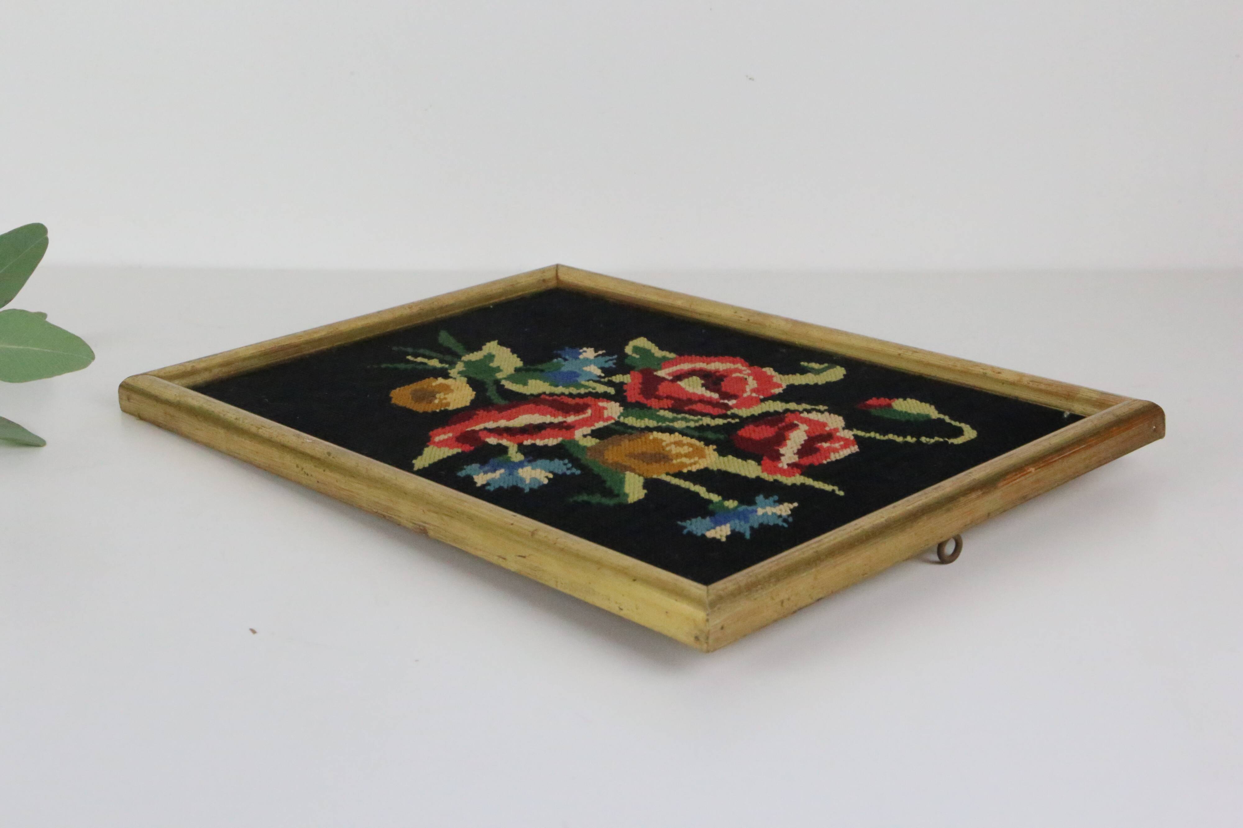 canvas bouquet of flowers in cross stitch, wall painting, vintage