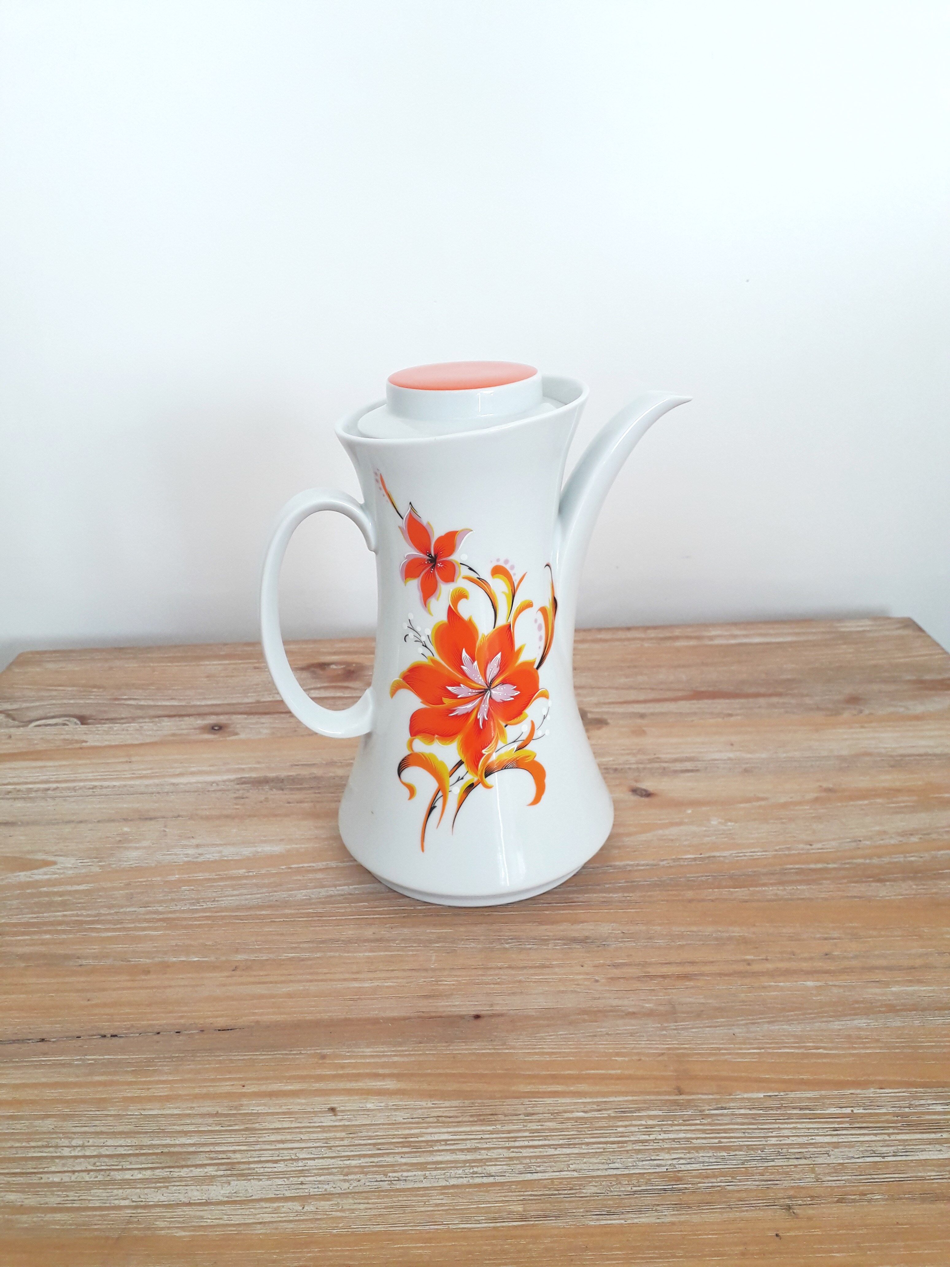 Vintage teapot / coffee maker - Bavarian porcelain - Orange flower décor - 1970