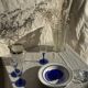 Set of 6 blue-footed champagne flutes; 3 pairs of designs.