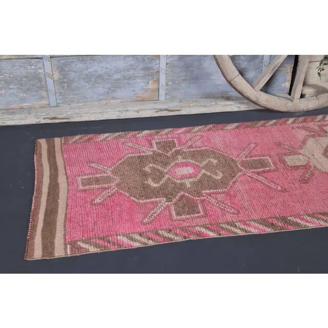 Vintage Turkish Oushak Handmade Wool Cotton Pink Runner Rug 90x303