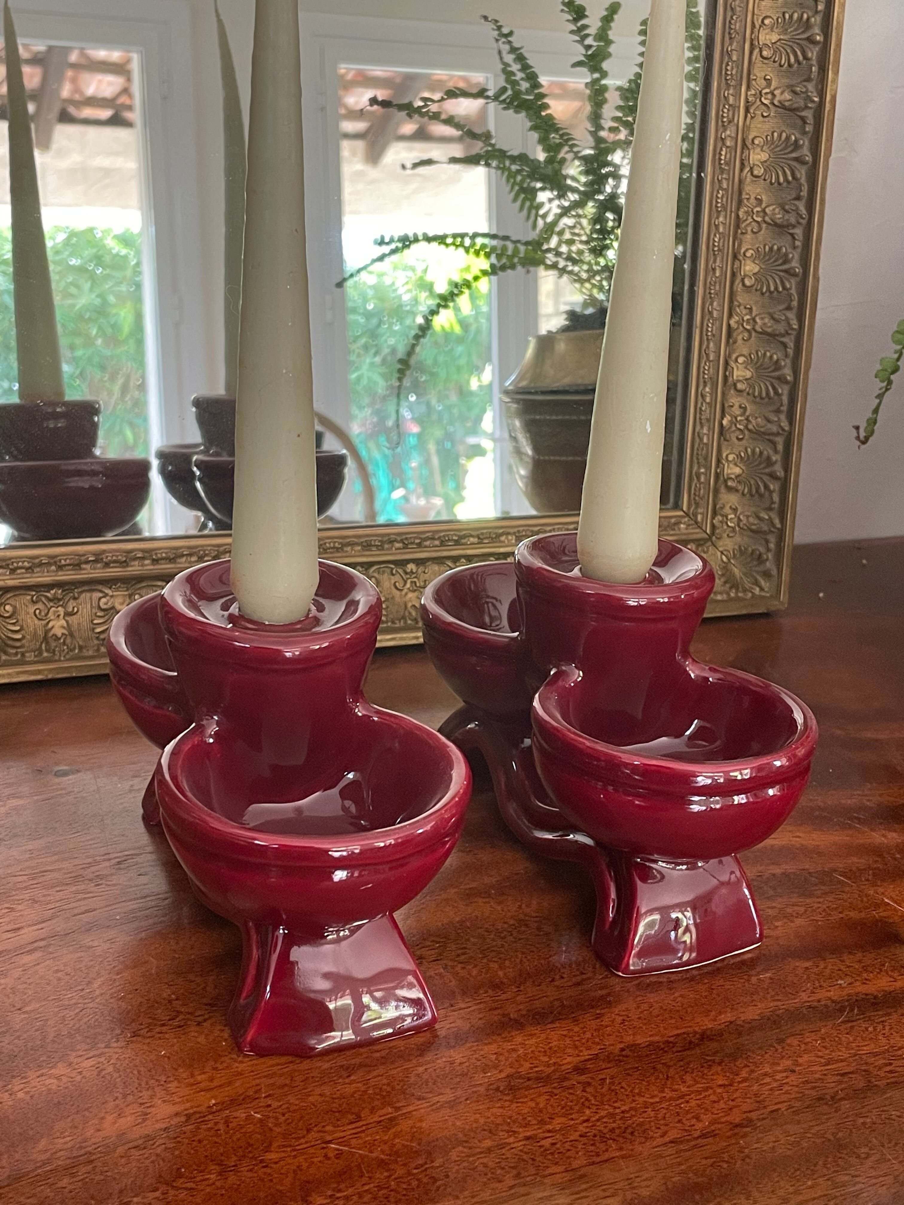 Pair of vintage glazed ceramic candle holders