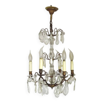 French vintage 6 light brass glass and crystal tiered chandelier 4640