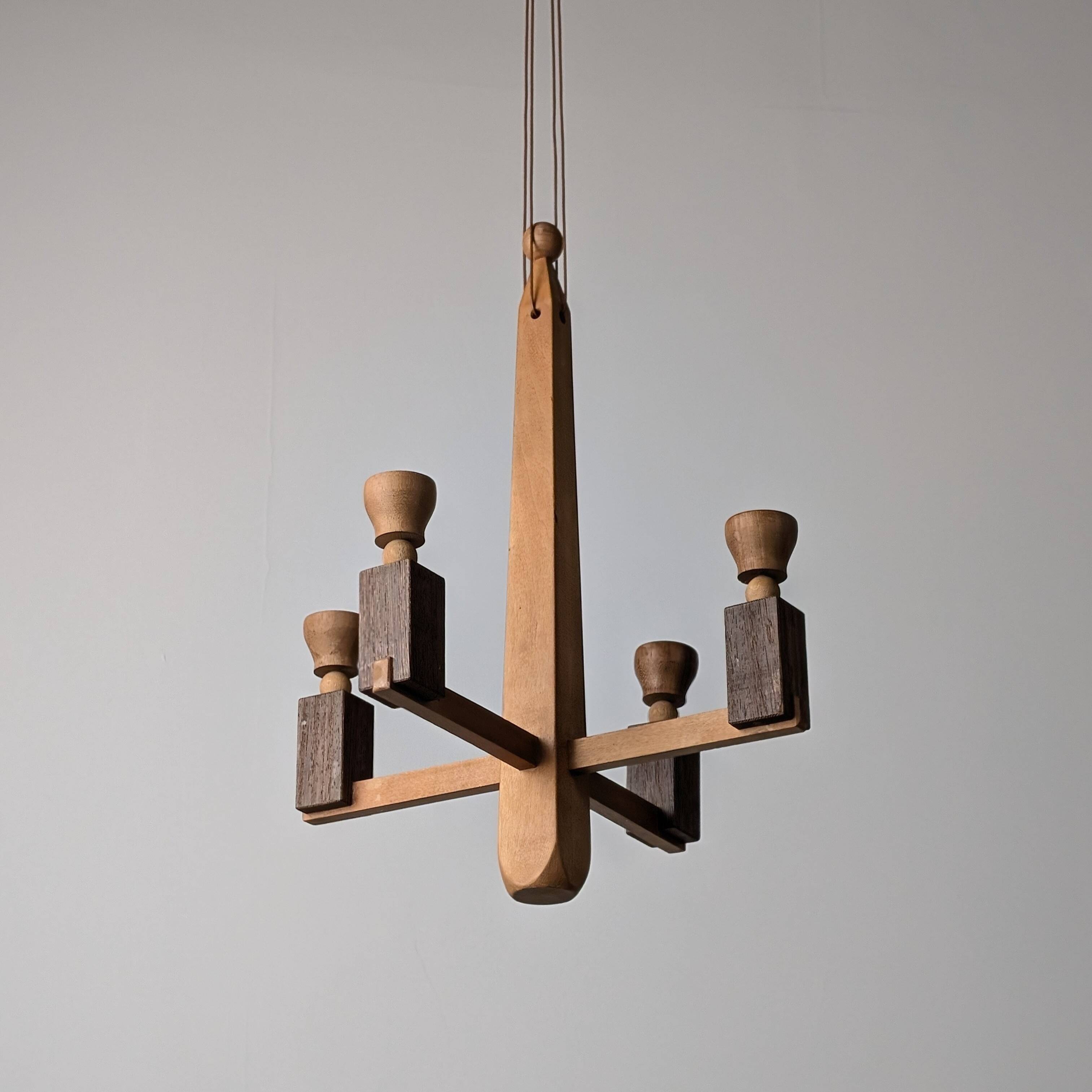 Danish hanging wooden candelabra, Art Deco style, 1970s
