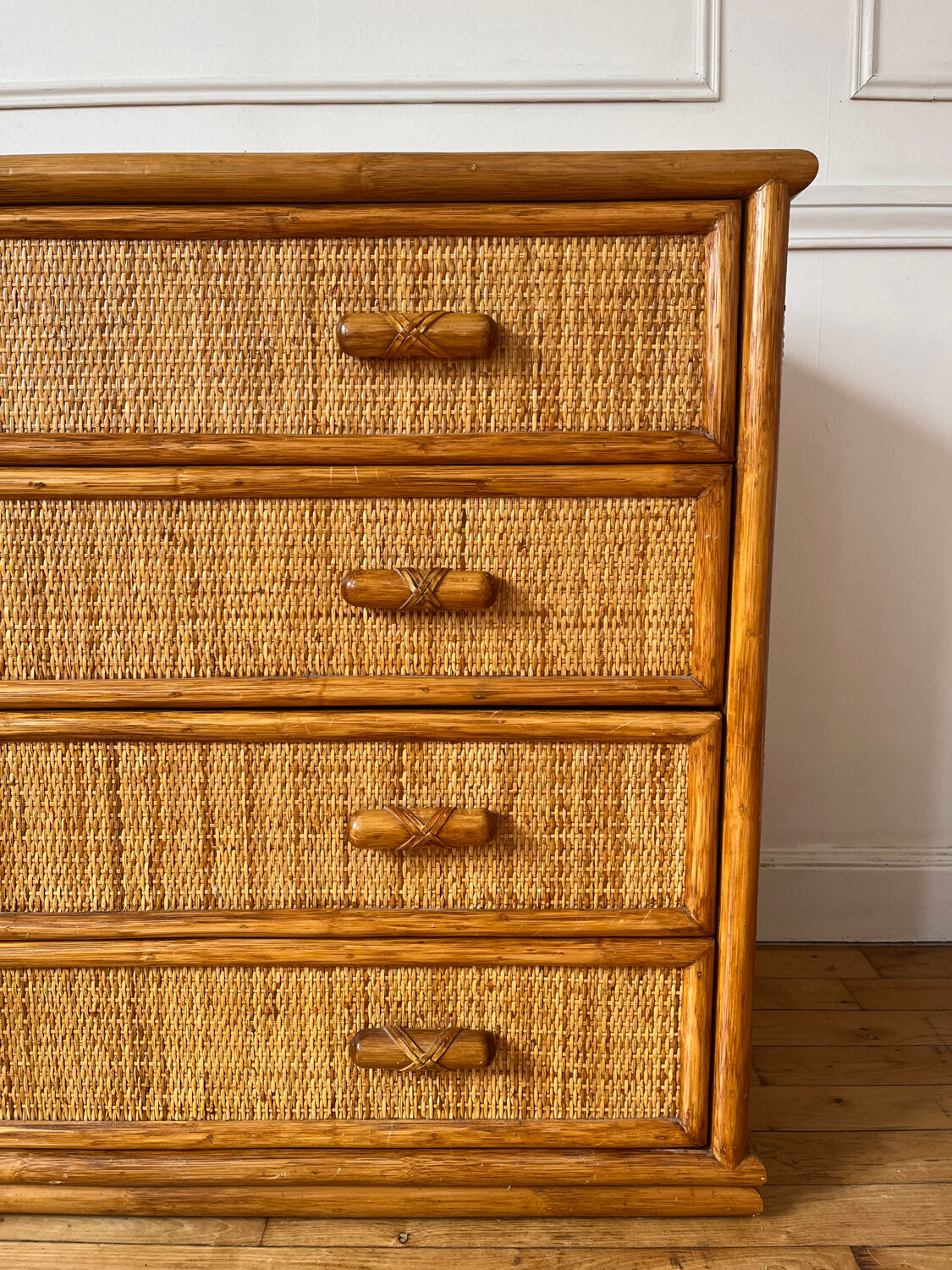 Vintage woven rattan chest of drawers