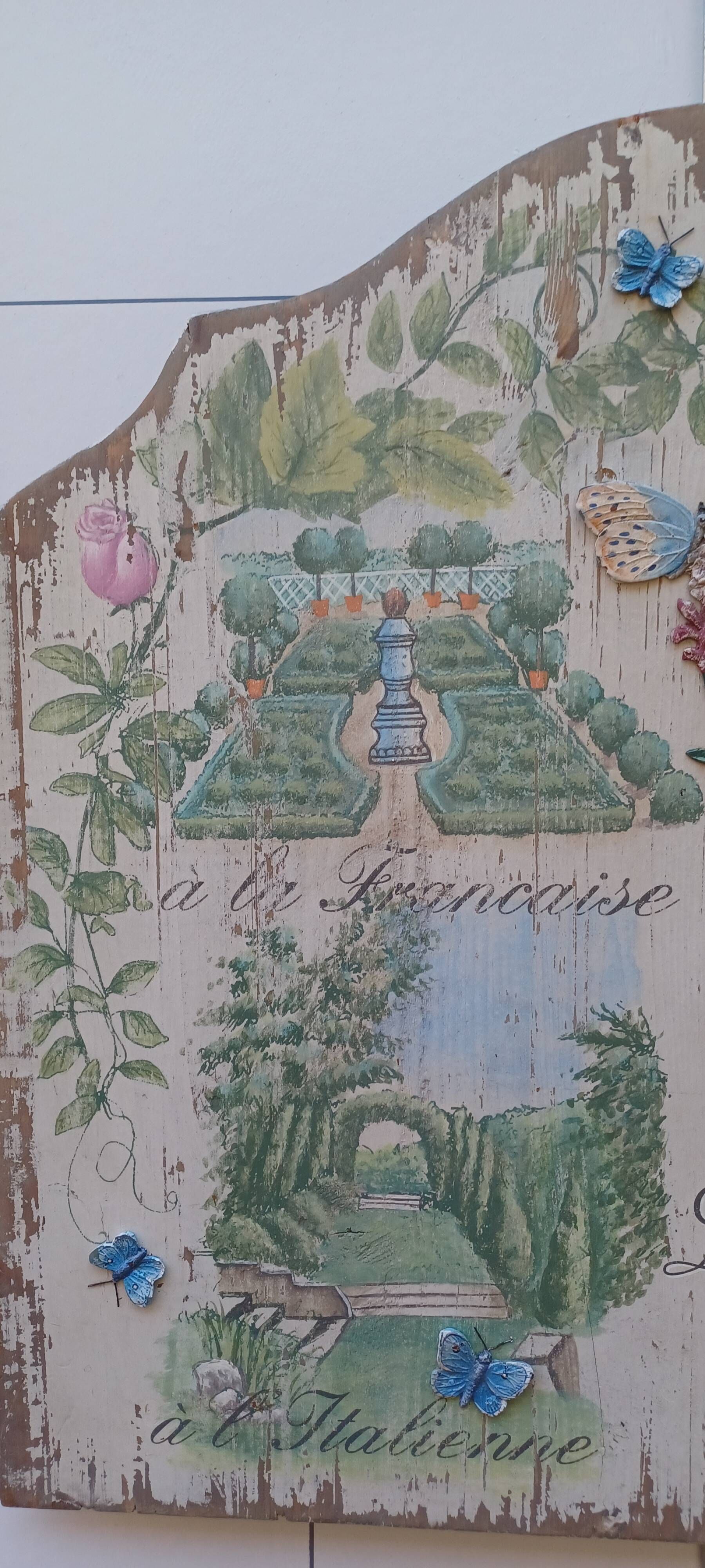 Ancient decorative panel in carved wood on the art of gardens in europe